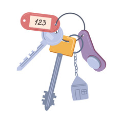 Open door keys, home, apartment or house open tool, keyring of keyholder flat cartoon vector illustration. Keyring with trinket, realtor keys on ring with pendants, real estate security object