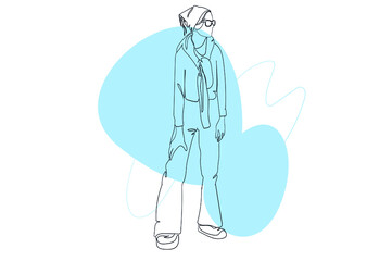 Stylish young girl continuous line drawing concept. Woman in fashionable clothes stands, model posing. Teenage student in casual clothing. Illustration in outline hand drawn design for web