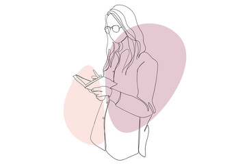 Young girl reading book continuous line drawing concept. Woman in glasses stands and holding book. Student learning with textbook for exam. Illustration in outline hand drawn design for web