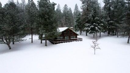 Aerial log cabin in the woods during winter with lots of snow and trees - Powered by Adobe