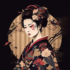 icon of a Japanese geisha woman in traditional floral dress - obrazy, fototapety, plakaty