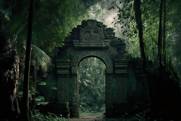 Mayan gate in the forest. Generative AI