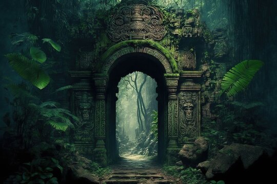 Fototapeta Mayan gate in the forest. Generative AI