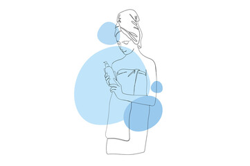 Young girl in spa salon continuous line drawing concept. Woman in towel stands and holds body skin care cosmetic product for shower or bath. Illustration in outline hand drawn design for web