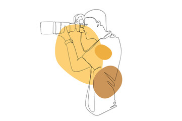 Photographer with photo camera continuous line drawing concept. Man takes photography on professional photographic equipment with lens. Illustration in outline hand drawn design for web
