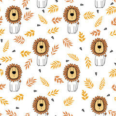 Seamless pattern with cute character lion with leaves. Cute vector illustration for kids. Ideal print for fabrics, textiles and gift wrapping