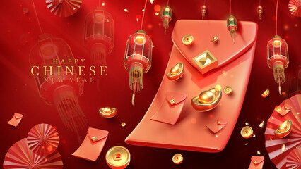 Red luxury style background with 3d realistic chinese new year ornaments with light effect decorations and bokeh.