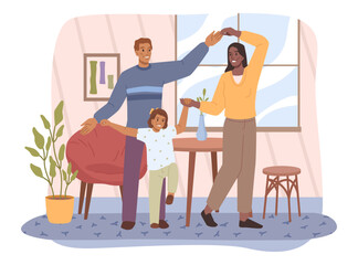 Smiling family dancing having fun at home vector flat cartoon illustration. Happy active people spending time together. Joyful parents and kids demonstrate dance movements. Dance at kitchen