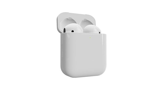 airpods container open on solated white, 3d renderiing of airpods PNG transparent background