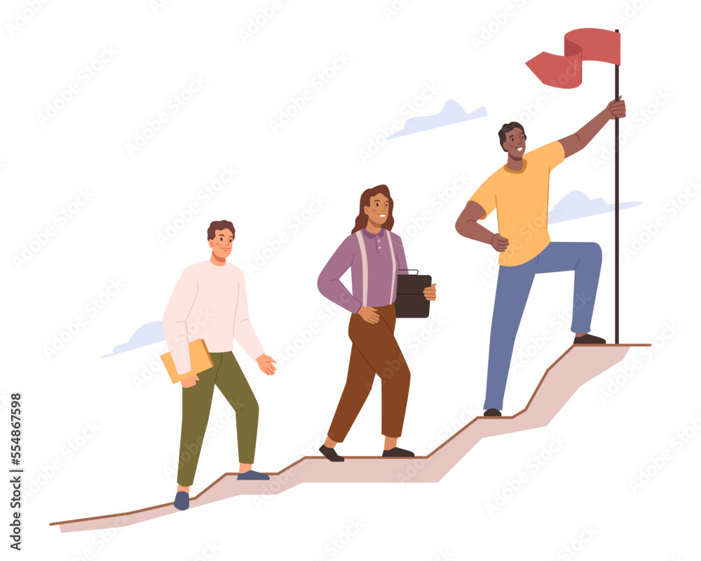 Poster leader leading team in right direction, reaching goals and achieving success. isolated teamwork and 
