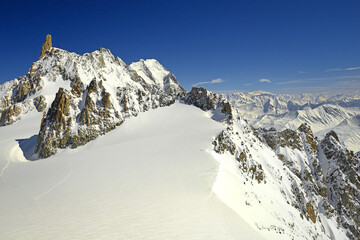 Alpine peaks of the Dente del Gigante, in the Mont Blanc massif on the border of Italy and France