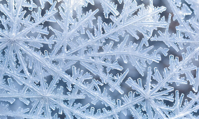 Macro closeup of snowflakes on window pane - digital illustration.