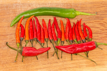 Three varieties of pepper chili on the wooden cutting board - Powered by Adobe