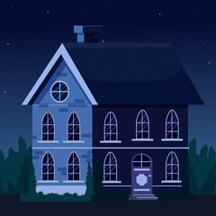 Night building, apartment, blackout time. Property in dark time in cartoon style. Street scene.