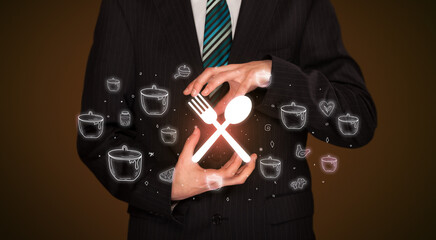 Hand holding food related icons