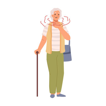 Pain in neck of pensioner with walking stick. Isolated elderly woman with neckache. Old personage with sickness and health issues. Flat cartoon character, vector illustration