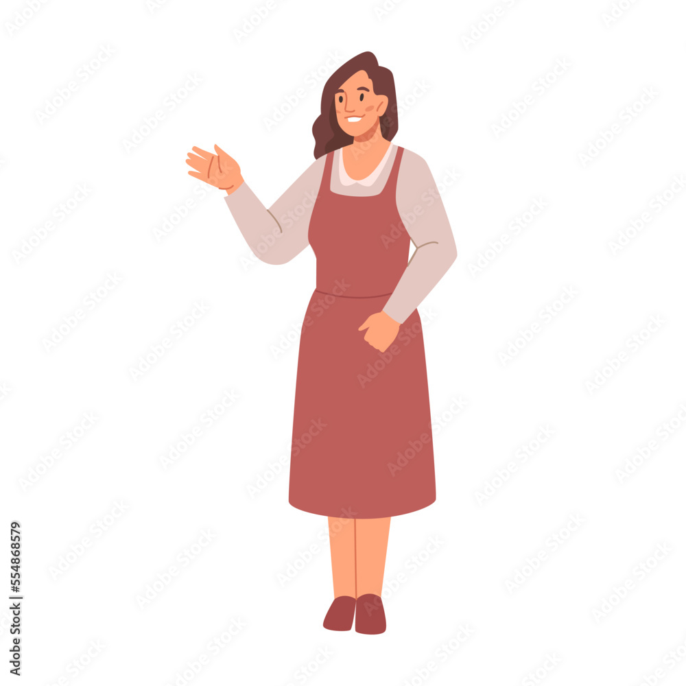 Poster cartoon woman shows presentation pointing by hand, promotion and advertisement concept. female point