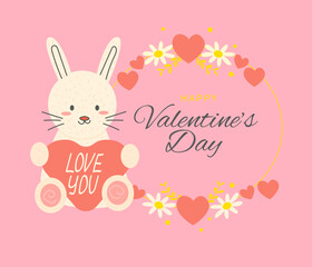 Valentine's Day Greeting Card Rabbit holds  heart and text in  frame of flowers