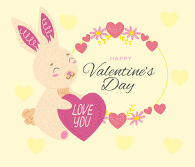 Valentine's Day Greeting Card Rabbit holds  heart and text in  frame of flowers