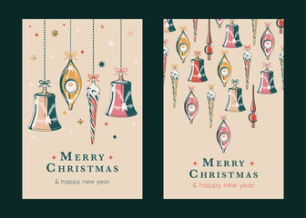 Merry Christmas greeting cards with vintage Christmas tree decorations. Illustrations in retro style design with golden glitter details. Party invitation. Xmas postcards set with tree toys.