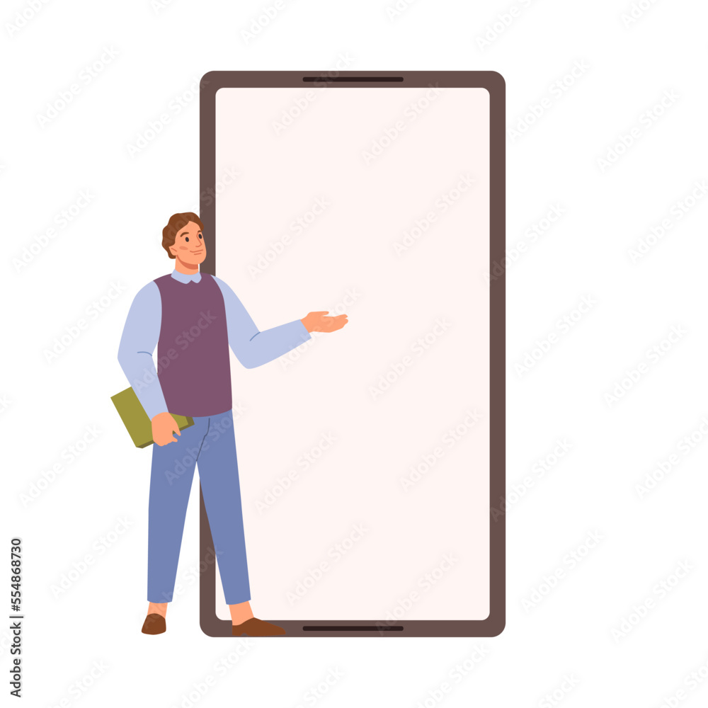 Poster Man with smartphone in hand show empty display. Male person with screen showing something, vector illustration. Guy with cellphone or mobile phone in hand, cartoon character