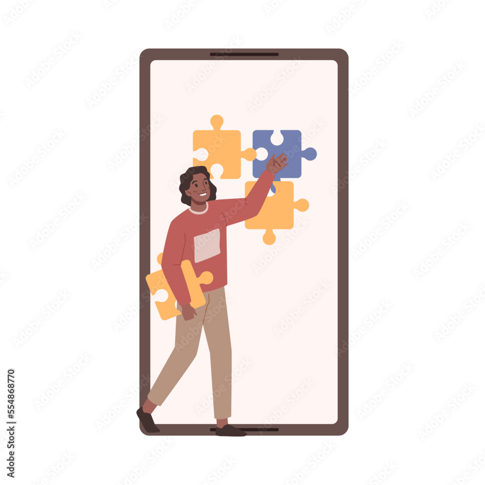 Poster woman making puzzle on blank display of smartphone. empty screen, and puzzles, play game and solving