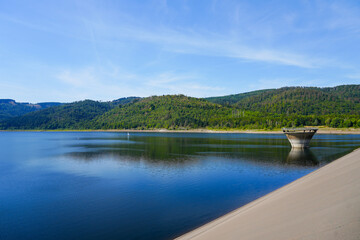 View of the Innerstetalsperre with the surrounding nature. Landscape at the Innerste reservoir. Lake in the Harz.
