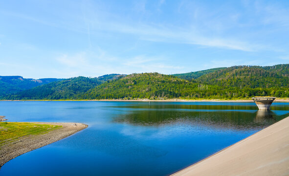 View of the Innerstetalsperre with the surrounding nature. Landscape at the Innerste reservoir. Lake in the Harz.
