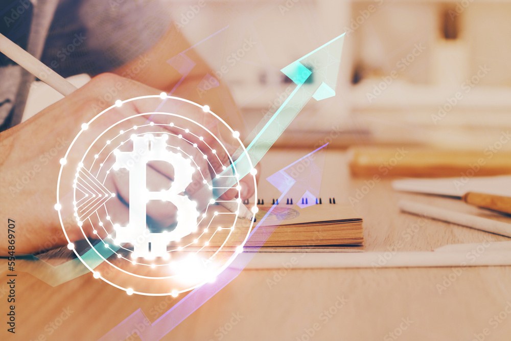 Aufkleber man's hands working with notes background. cryptocurrency and finance concept.