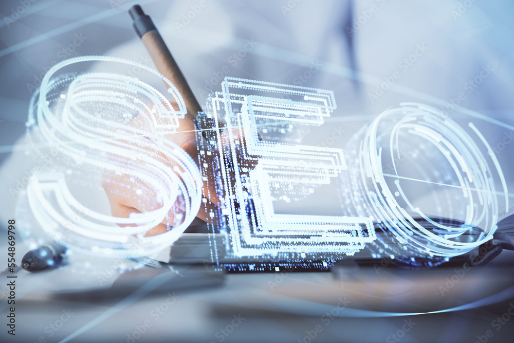 Poster double exposure of woman's hands making notes with seo icon. concept of search engine optimization