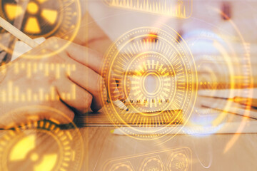 Close up of human hands background and abstract innovative technologies for industries. Multi exposure.