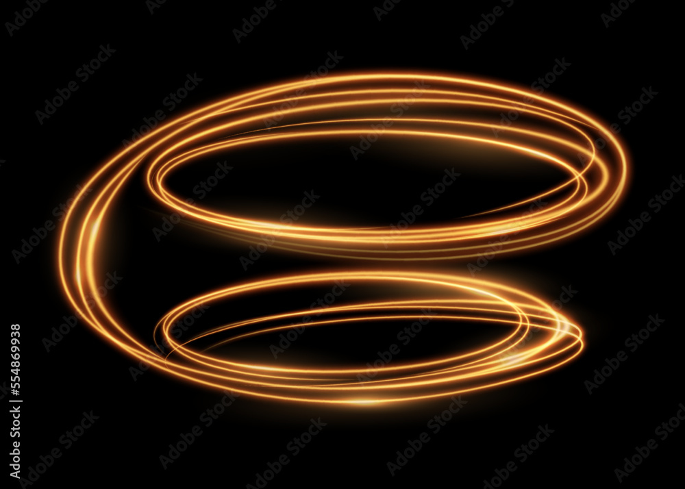Poster light trails, shimmering shiny swirls isolated on black. vector golden glitter glow and sparkling fl