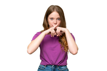 Young pretty woman over isolated background showing a sign of silence gesture