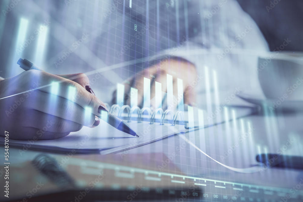 Poster double exposure of woman's hands making notes with forex graph hologram. concept technical analysis.