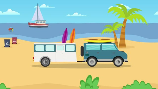 Caravan car passing on the tropical beach