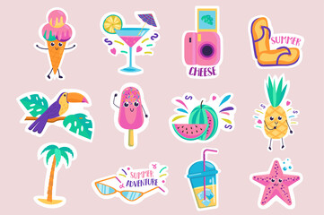 Summer stickers set. Bundle of ice cream, cocktail, photo, toucan, watermelon, pineapple, palm, sunglasses, starfish and other badge. Illustration with isolated printed material in flat design