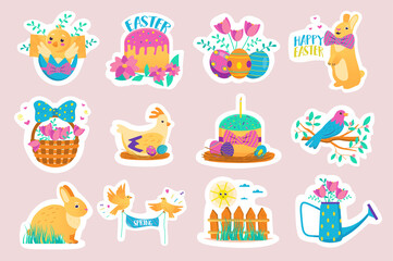 Happy Easter stickers set. Bundle of chicken, bunny, holiday egg, basket, cake, bird on branch, watering can, fence and other badge. Illustration with isolated printed material in flat design