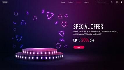 Special offer, discount banner for website with offer and podium with bulbs in empty purple scene