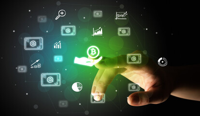 Businessman finger touching on screen multimedia interface with hand drawn currency icons