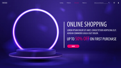 Online shopping, web banner with empty blue podium floating in the air with white neon ring on background.