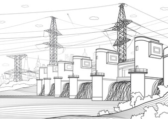 Hydro power plant. River Dam. Renewable energy sources. High voltage transmission systems. Electric pole. Power lines. City infrastructure industrial outline illustration. Vector design art - 554870796