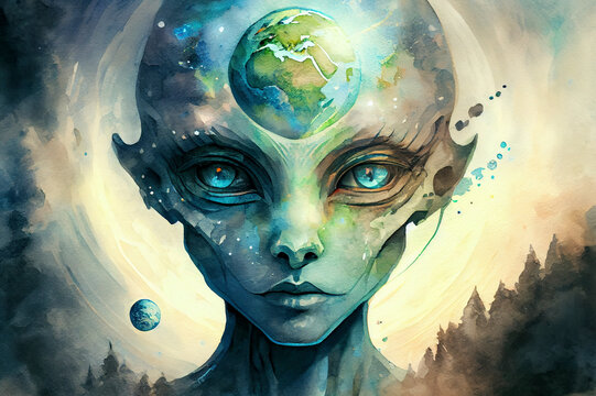 Humanoid alien and the Earth planet, conceptual generative ai illustration. Earth health and ecology concept