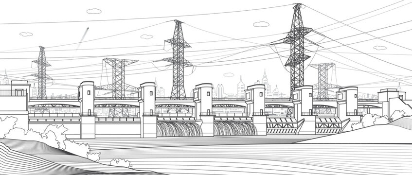 Hydro power plant. River Dam. Renewable energy sources. High voltage transmission systems. Electric pole. Power lines. City infrastructure industrial outline illustration. Vector design art
