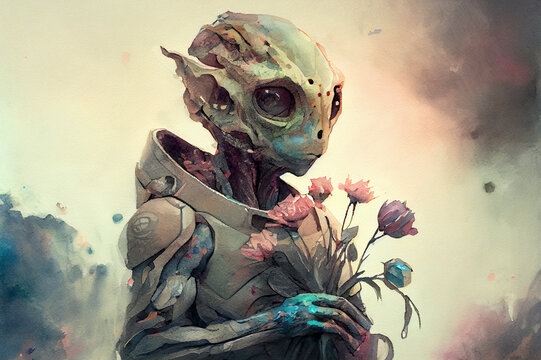 Humanoid alien holding bouquet of flowers, generative ai illustration