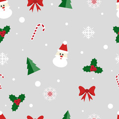 Vector illustration with Christmas elements on a gray background. Beautiful pattern, paper, repeating pattern, red bows, santa, Christmas tree, white snowflakes. The concept of Christmas and New Year