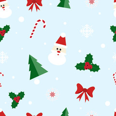 Christmas pattern on a blue background, santa, Christmas tree, candy and red bows. Vector winter illustration, decor, holiday, paper, print, Christmas background. The concept of Christmas and New Year