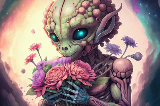 Humanoid alien holding bouquet of flowers, generative ai illustration