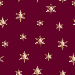 Naklejka na ściany i meble Golden snowflakes on a purple background with space for a copy. Decorative background, vector illustration with repeating pattern, paper, print, packaging, Christmas pattern
