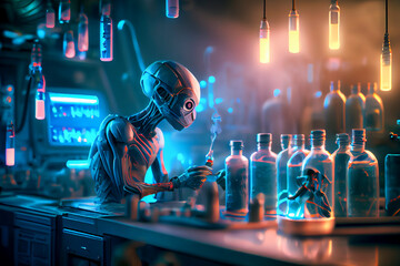 Obraz premium Humanoid alien working in research laboratory, generative ai illustration