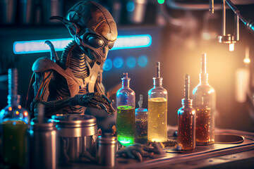 Humanoid alien working in research laboratory, generative ai illustration